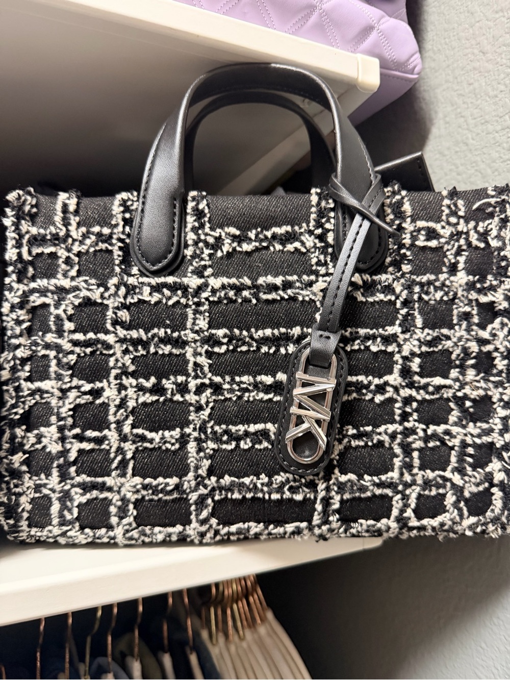 MICHAEL Michael Kors Black and White Denim Mini Tote with MK Charm